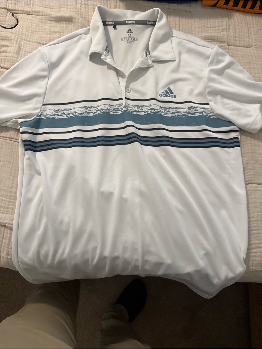 adidas White Polo with Blue Striped Wave Detail